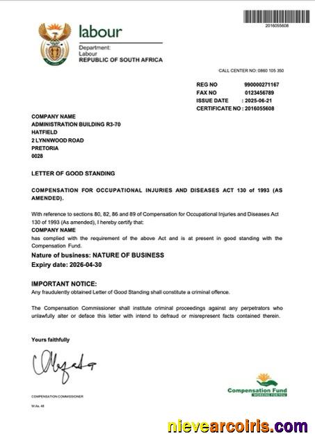 South Africa letter of good standing
